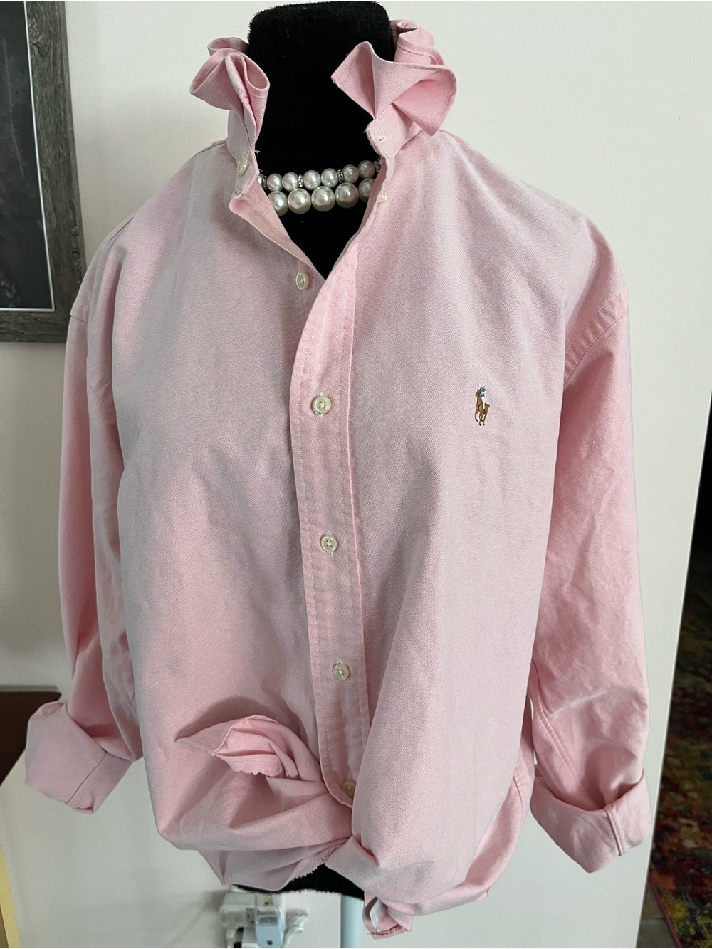 Upcycled Ralph Lauren Light Pink Button-Down Oxford Shirt Ruffle Collar